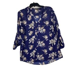 J for Justify Shirt Womens 1X Navy Blue Sheer Floral Roll Tab Tunic Lightweight